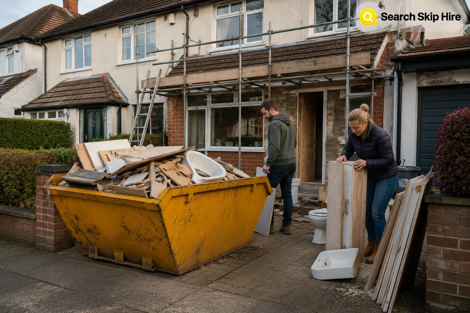 Builder’s skip outside a UK home filled with renovation waste during a house refurbishment project.