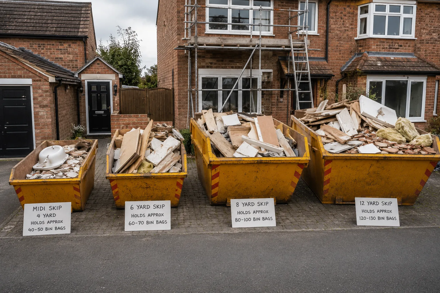 Different skip sizes for UK home renovation projects including midi, 6 yard, 8 yard, and 12 yard skips.