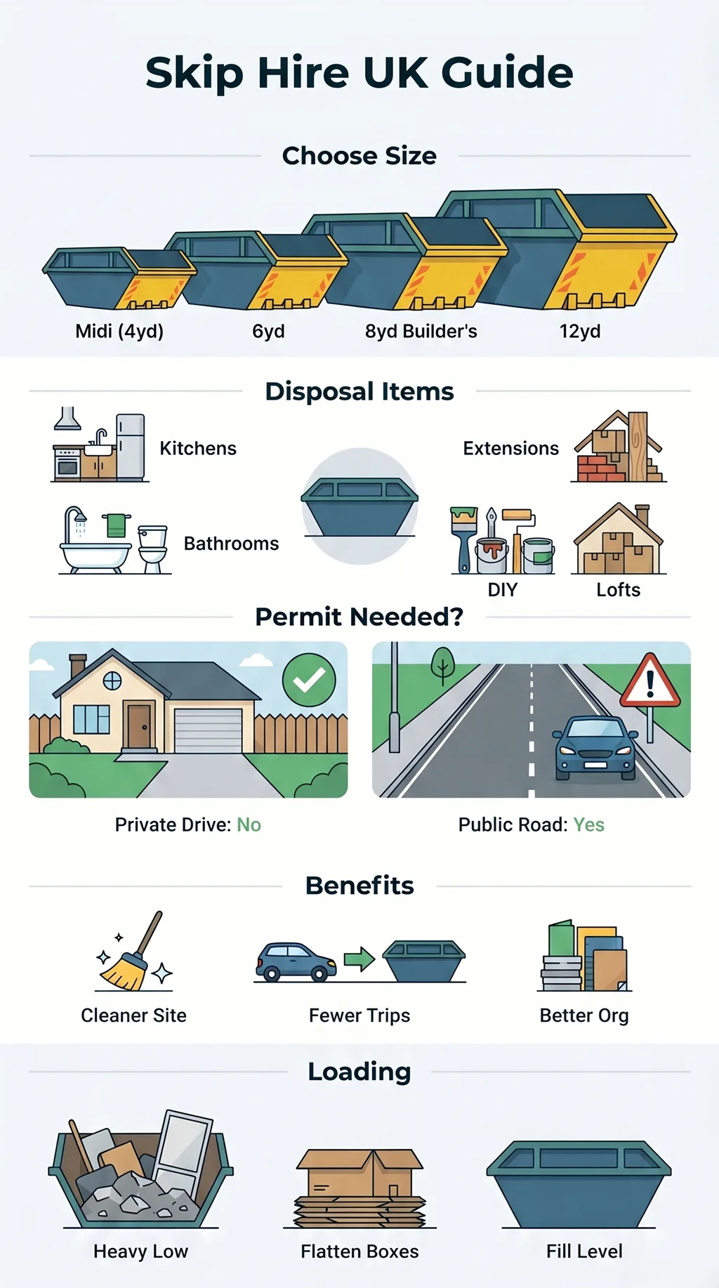Infographic showing UK skip hire guide with skip sizes, disposal uses, permit rules, benefits, and correct loading tips.