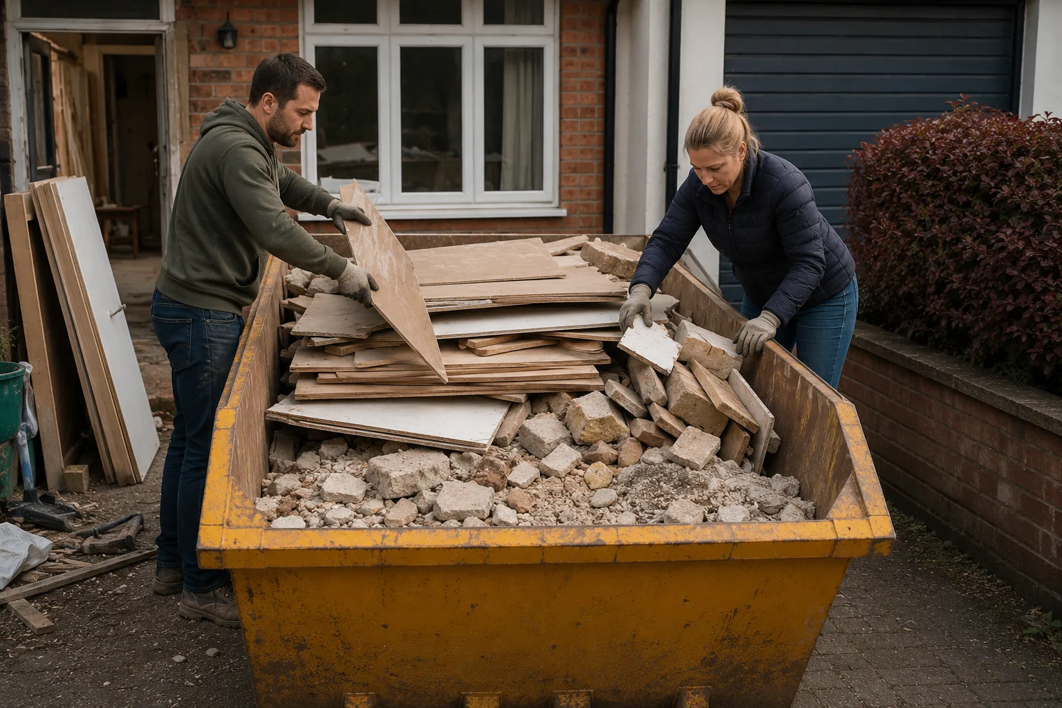 Homeowners loading renovation waste into a skip in an organised way during a UK house renovation.