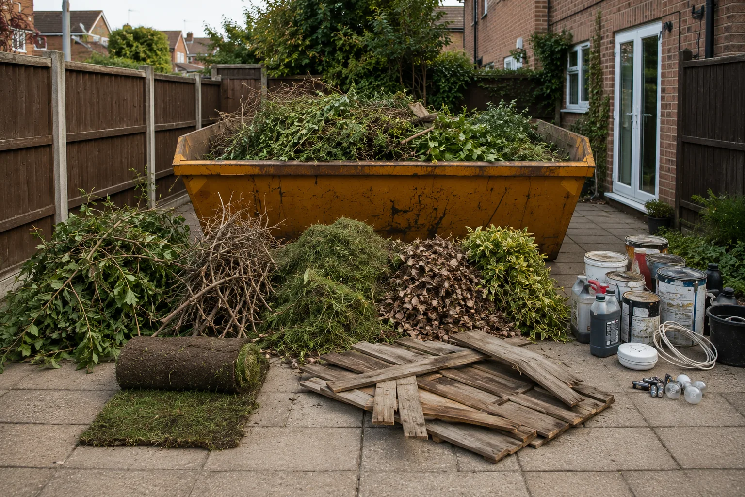Garden waste suitable and unsuitable for skip hire during UK garden clearance.