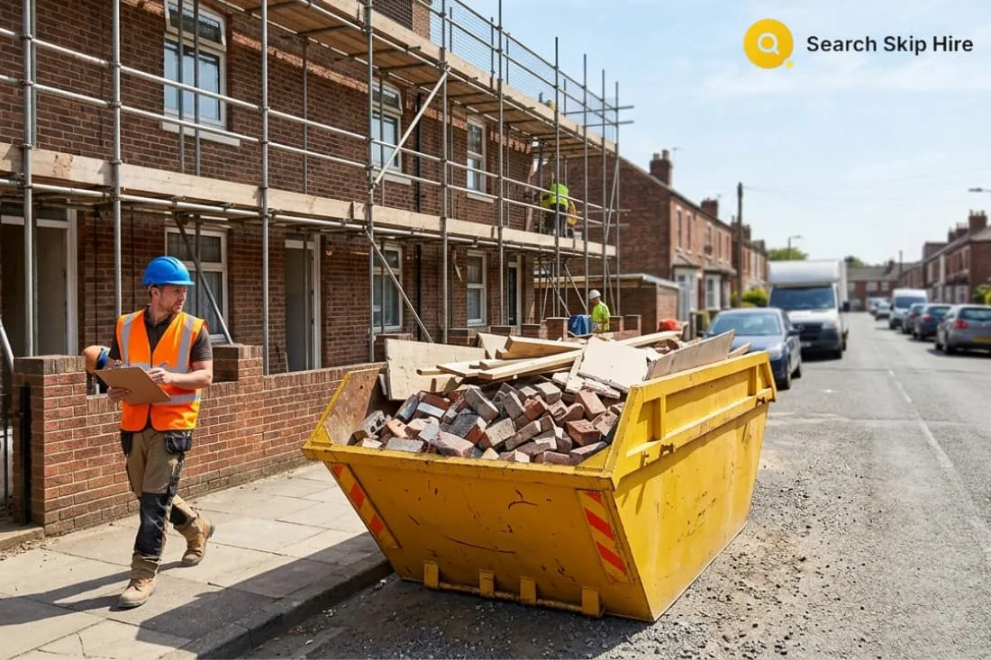 Skip hire for builders UK with a yellow skip filled with bricks on a residential street beside a scaffolded terrace.