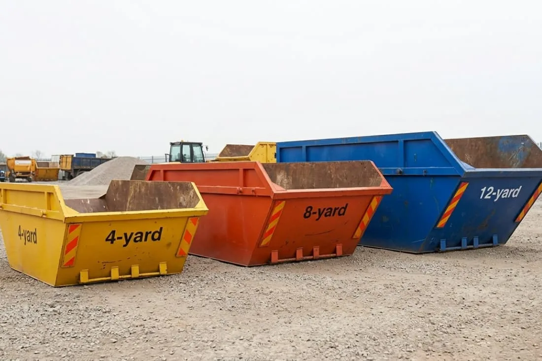 Skip hire for builders UK size comparison showing yellow 4-yard, orange 8-yard, and blue 12-yard skips side by side.