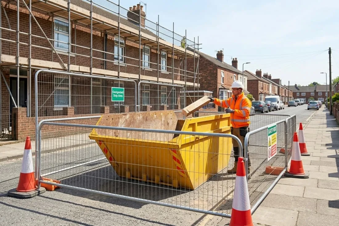 Skip hire for builders UK builder loading debris into a yellow skip within a fenced permit zone on a UK street.