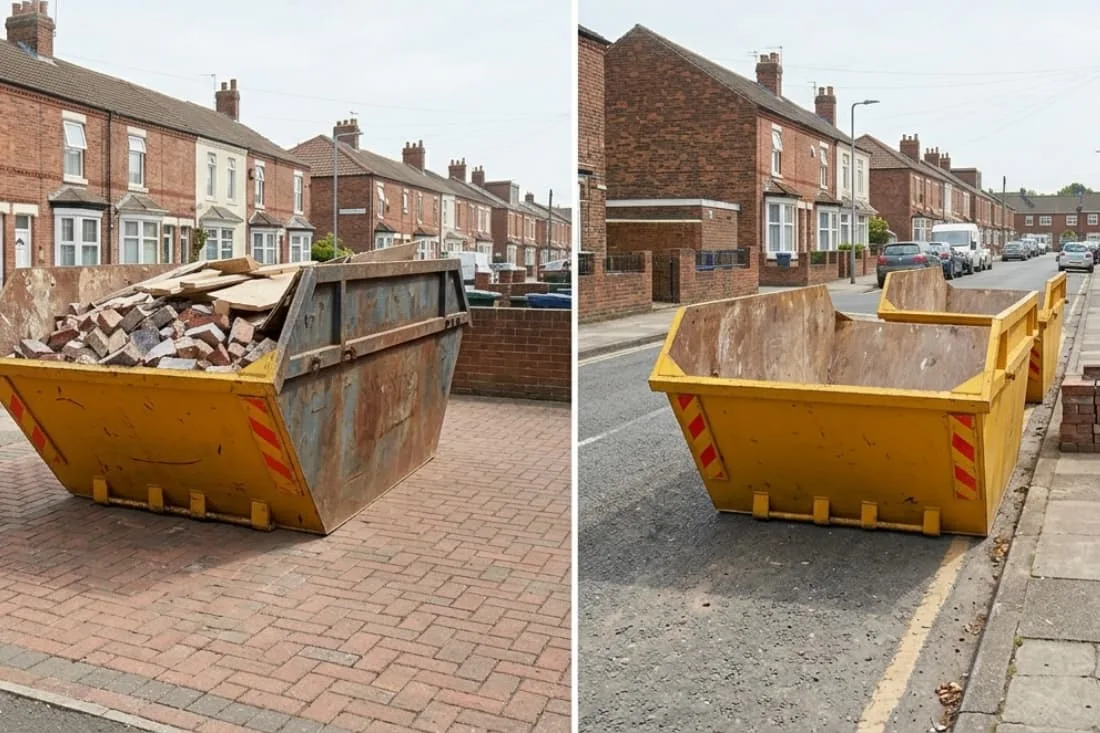 Skip hire for builders UK showing a yellow skip full of rubble on a driveway and empty on a residential road.