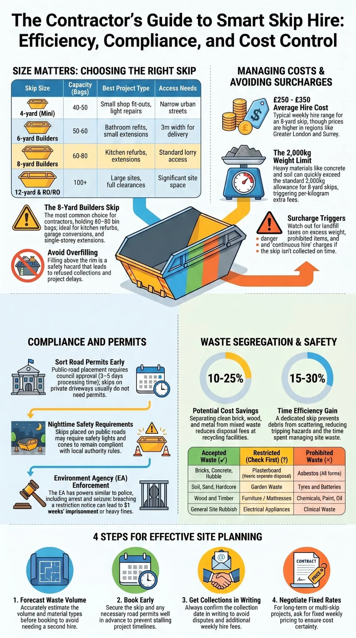 Skip hire for contractors projects guide covering sizes, cost control, compliance, waste segregation, and site planning.