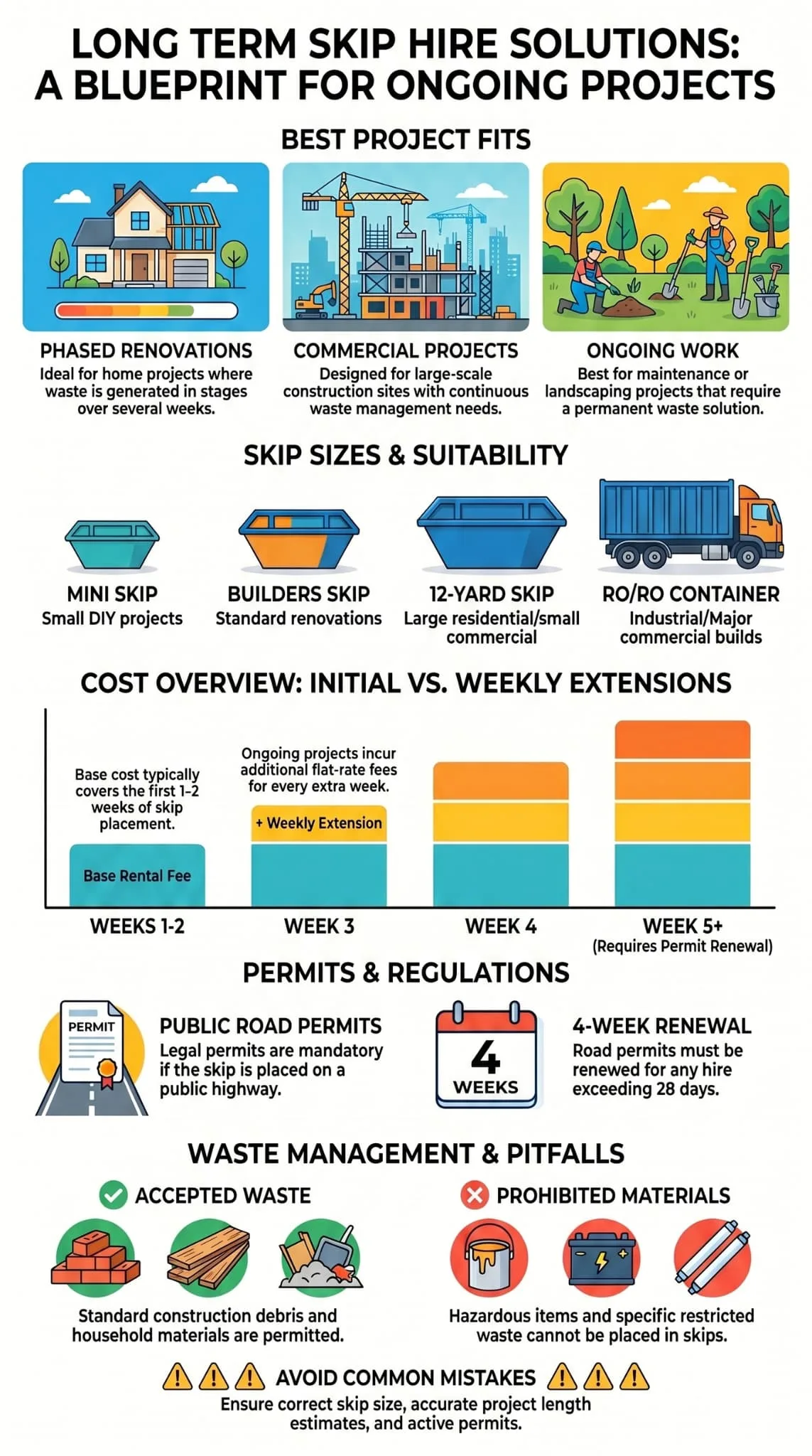 Long term skip hire solutions infographic covering project fits, skip sizes, costs, permit renewals, and waste rules.
