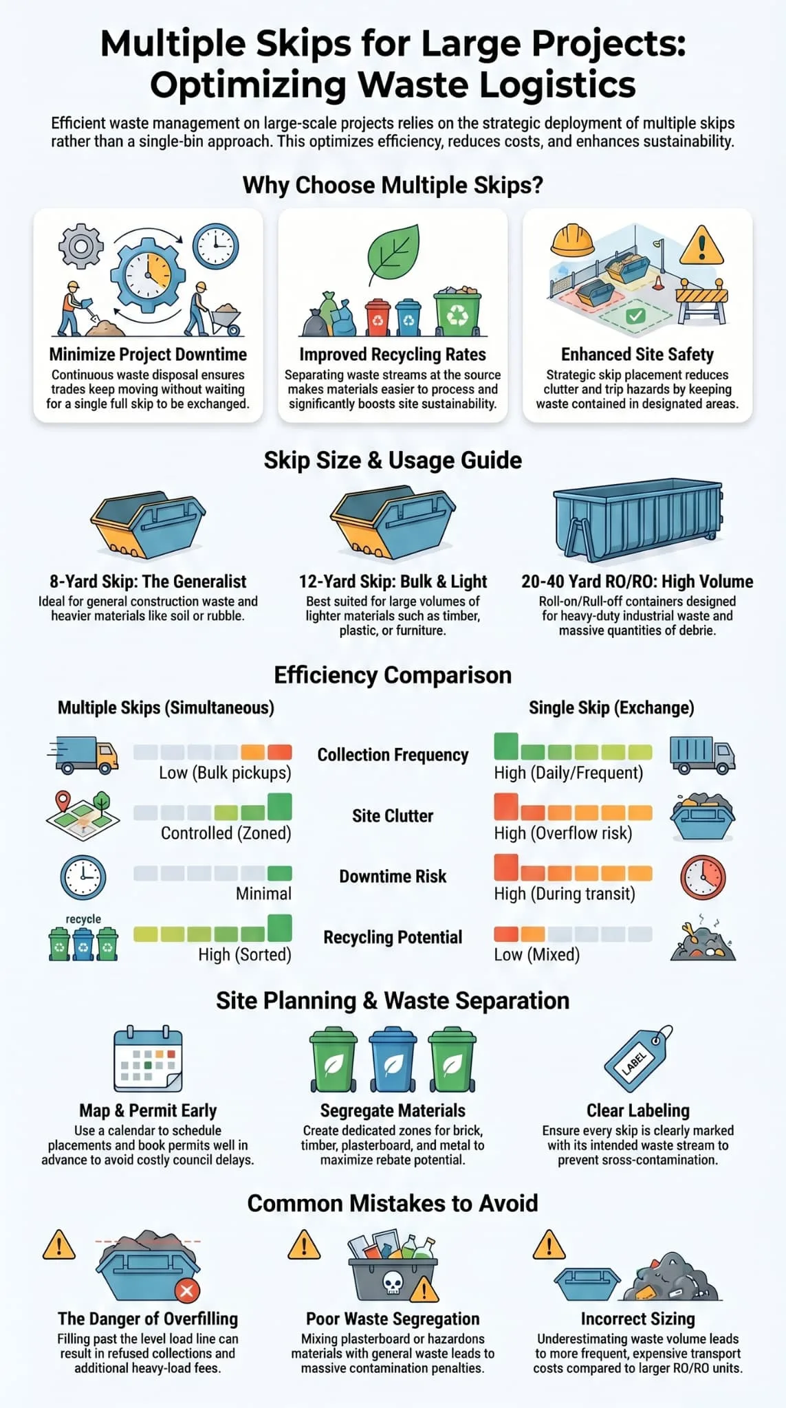 Multiple skips for large projects infographic covering benefits, size guide, efficiency comparison, and common mistakes.&nbsp;