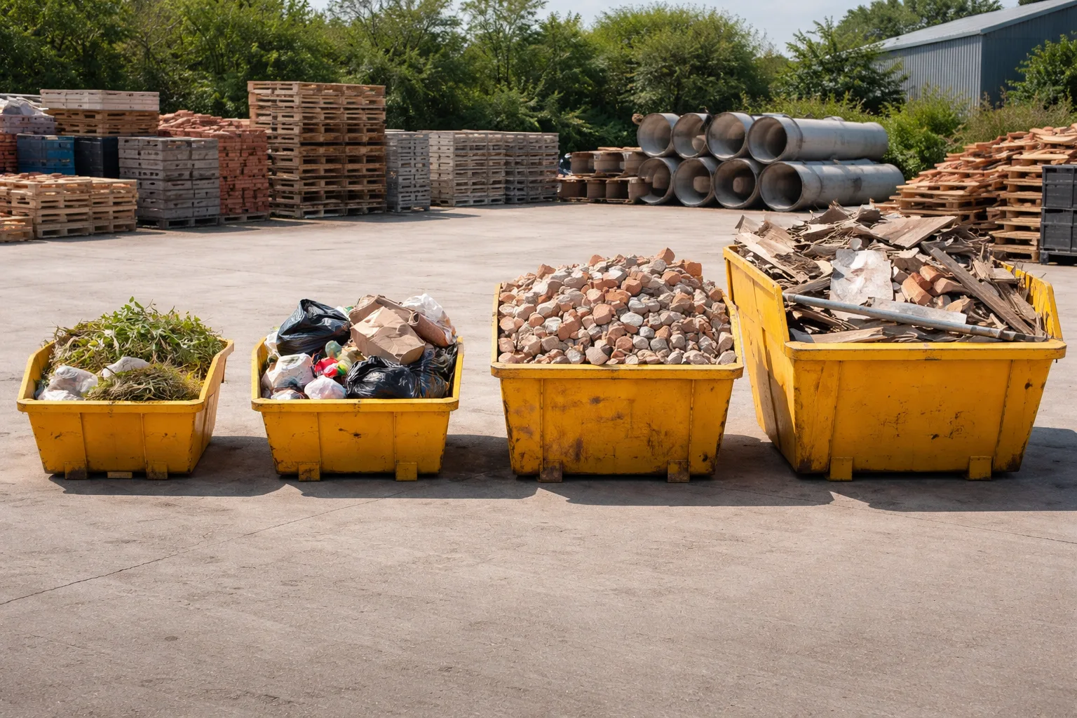 Different skip sizes in the UK showing mini midi builder and large skips filled with various waste types.