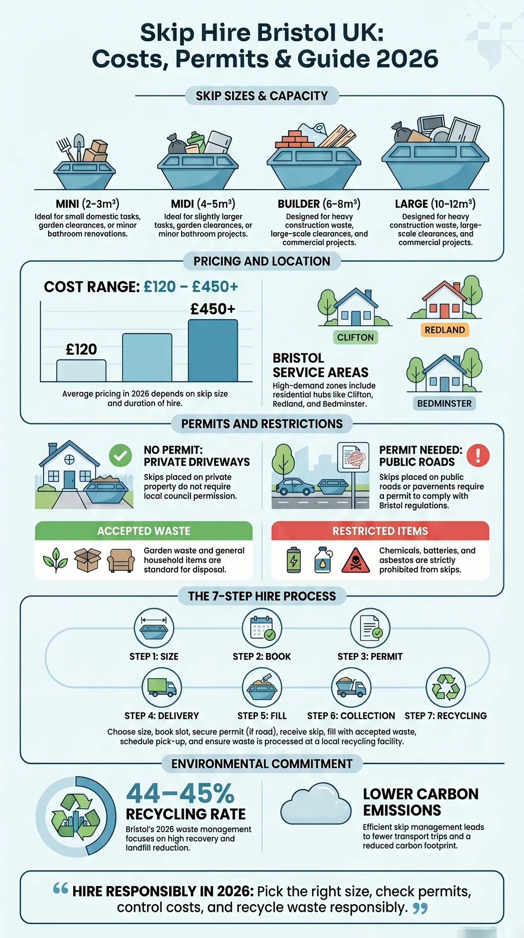 Infographic showing skip hire Bristol UK costs sizes permits process steps recycling impact and safety warning.