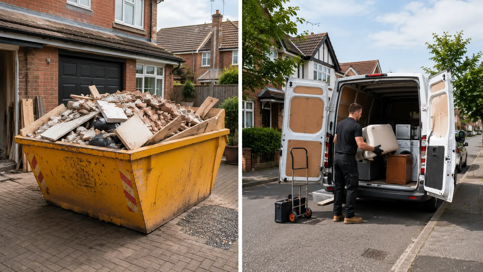Comparison between skip hire and man-and-van waste removal services in Stafford UK.