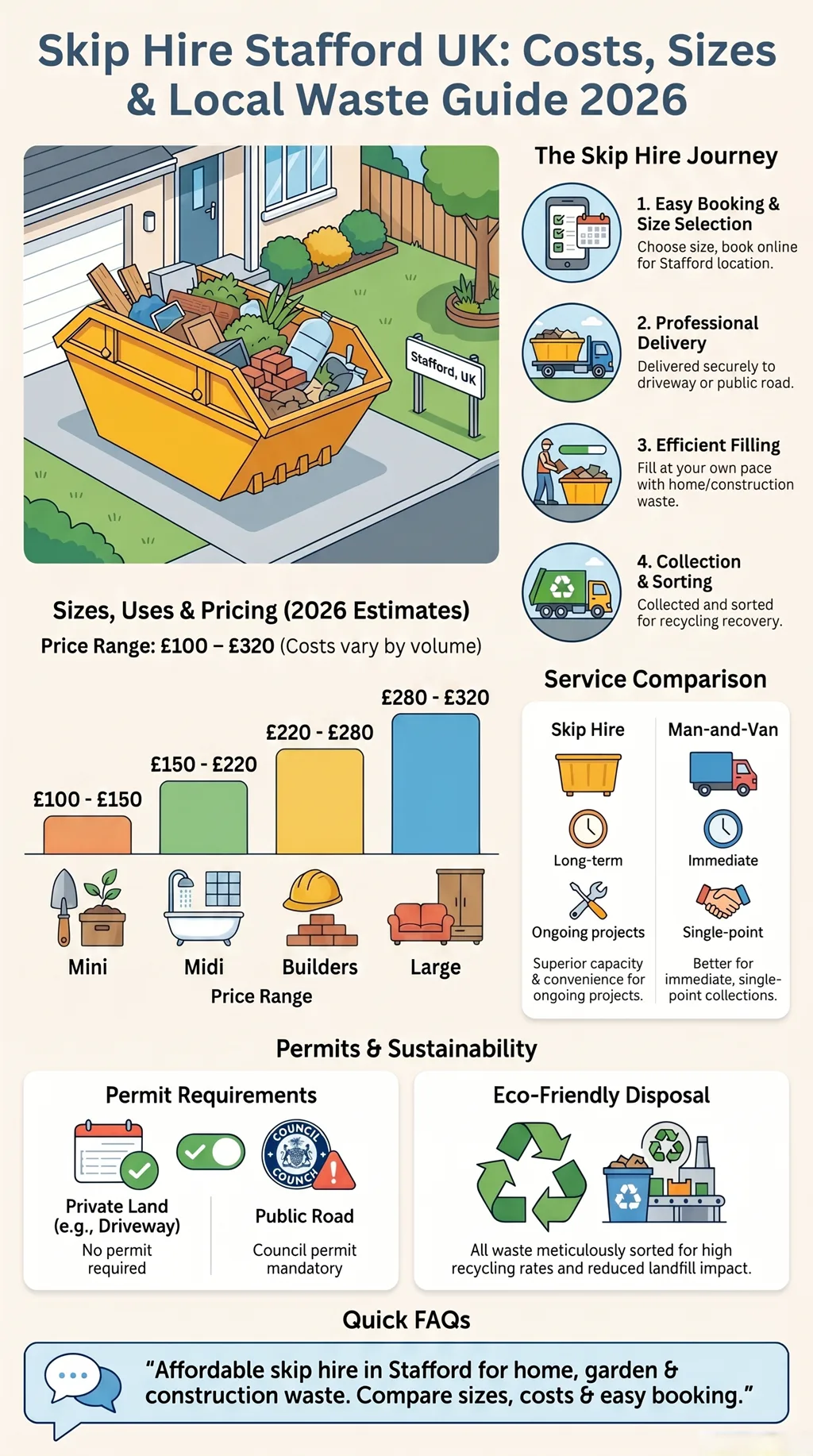 Infographic showing skip hire sizes, prices, process, regulations, and skip versus man-and-van comparison in Stafford UK.