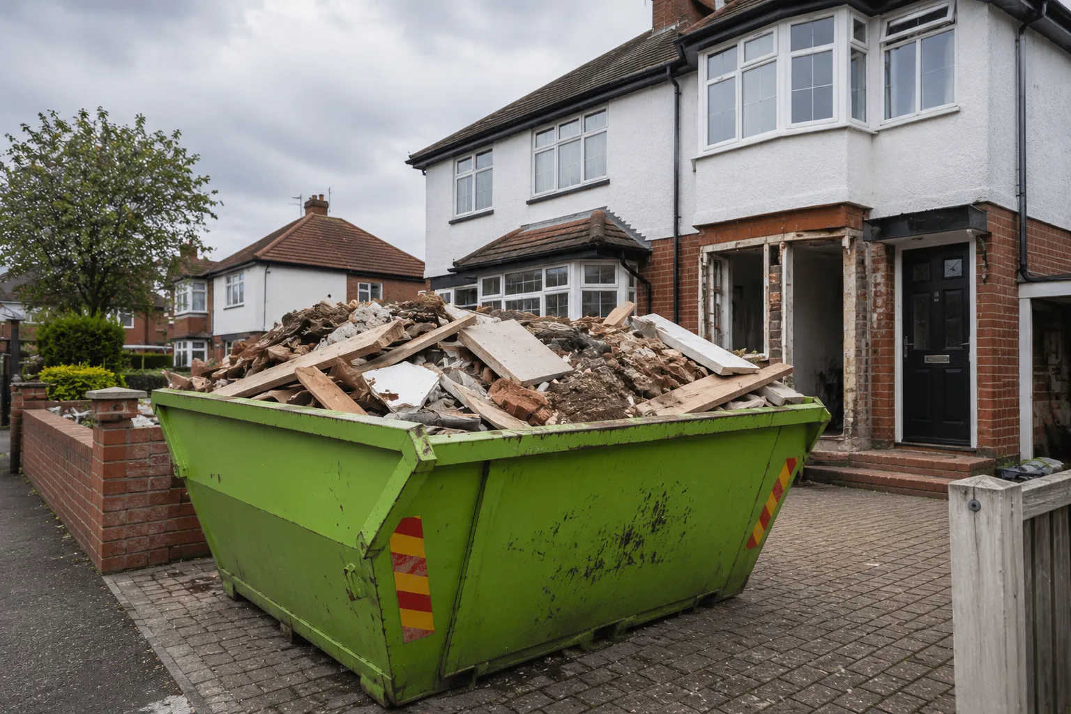 Skip hire skip bin placed on driveway during home renovation in Derby UK with construction waste.