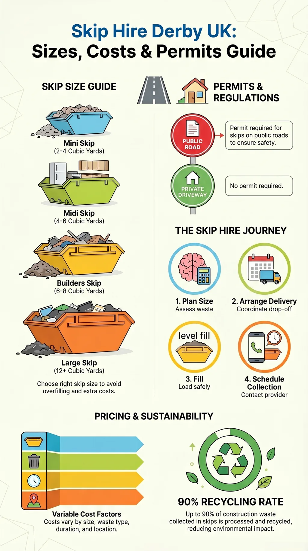 Infographic explaining skip hire sizes, permits, costs, process, and recycling information for residential waste projects in Derby, UK.
