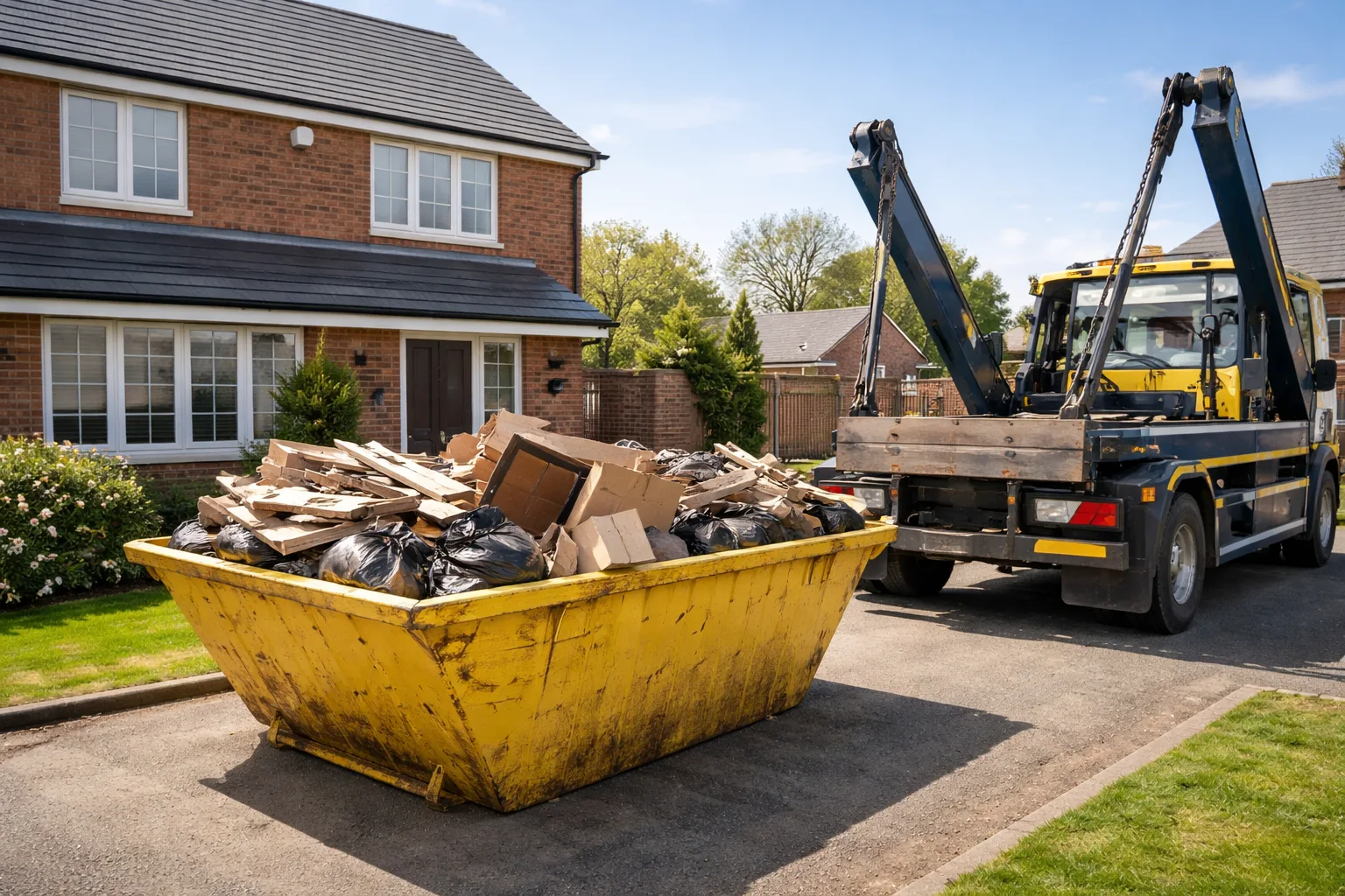 Skip hire container on a Derby UK driveway with construction and household waste being collected.