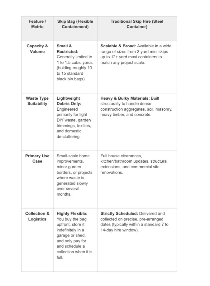 Comparison table of skip bags and traditional skip hire, showing differences in capacity, waste suitability, project use cases, and collection logistics.