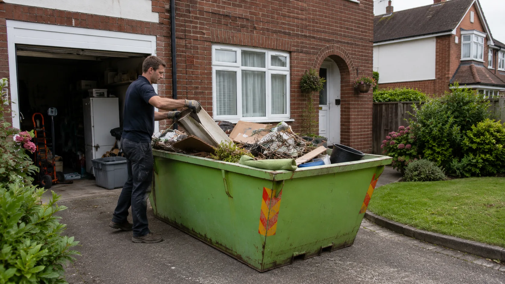 Homeowner loading garden and household waste into a skip during a garage clearance in Liverpool