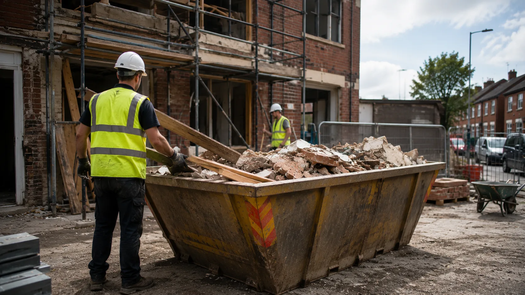 Construction workers using a large skip for building waste removal on a Liverpool construction site.
