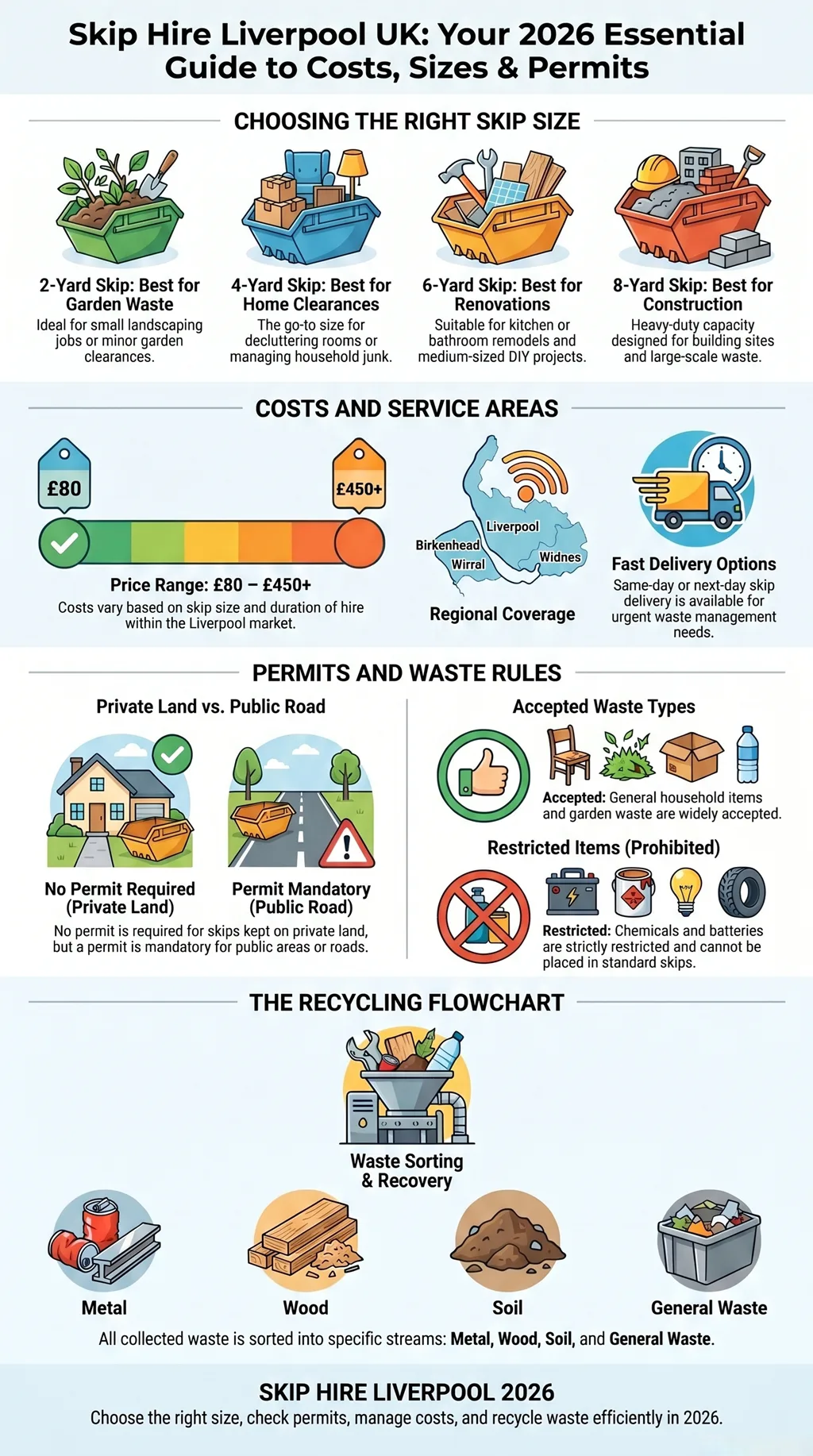 Liverpool skip hire infographic showing skip sizes, price ranges, permit requirements, accepted waste types, service areas, and recycling process.