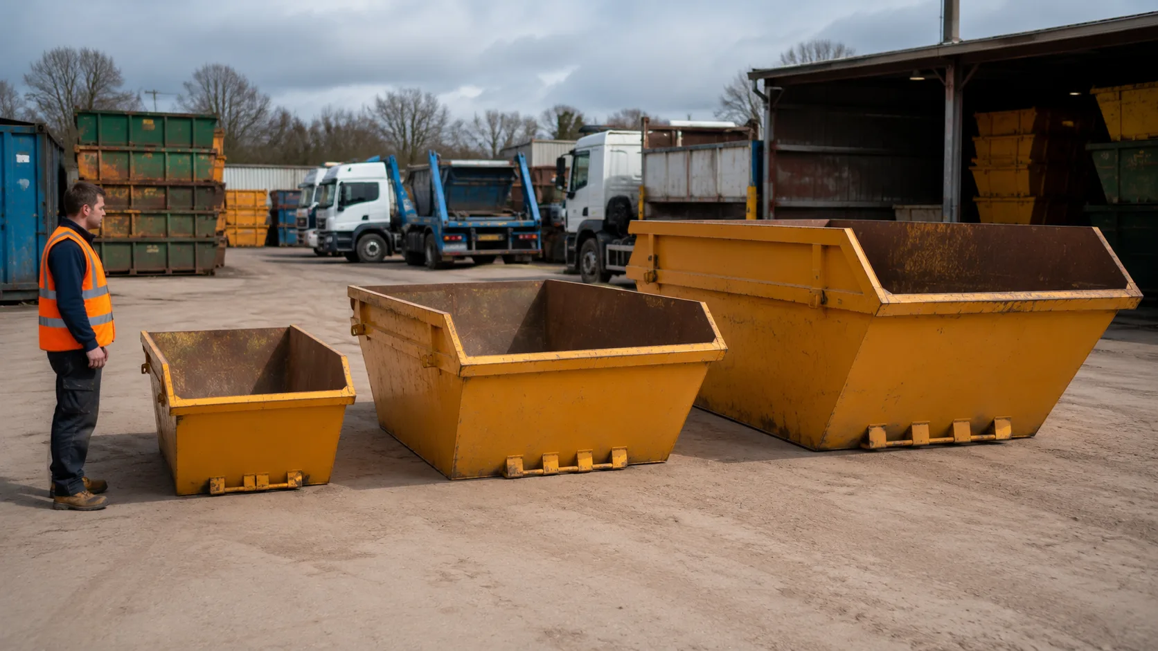 Different skip sizes lined up at a depot showing mini, midi, and large skips used for waste removal projects in Manchester UK.