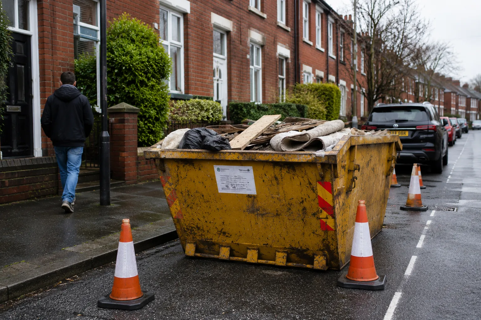 Skip placed on a public road in Manchester with safety cones and permit compliance for legal skip hire placement.