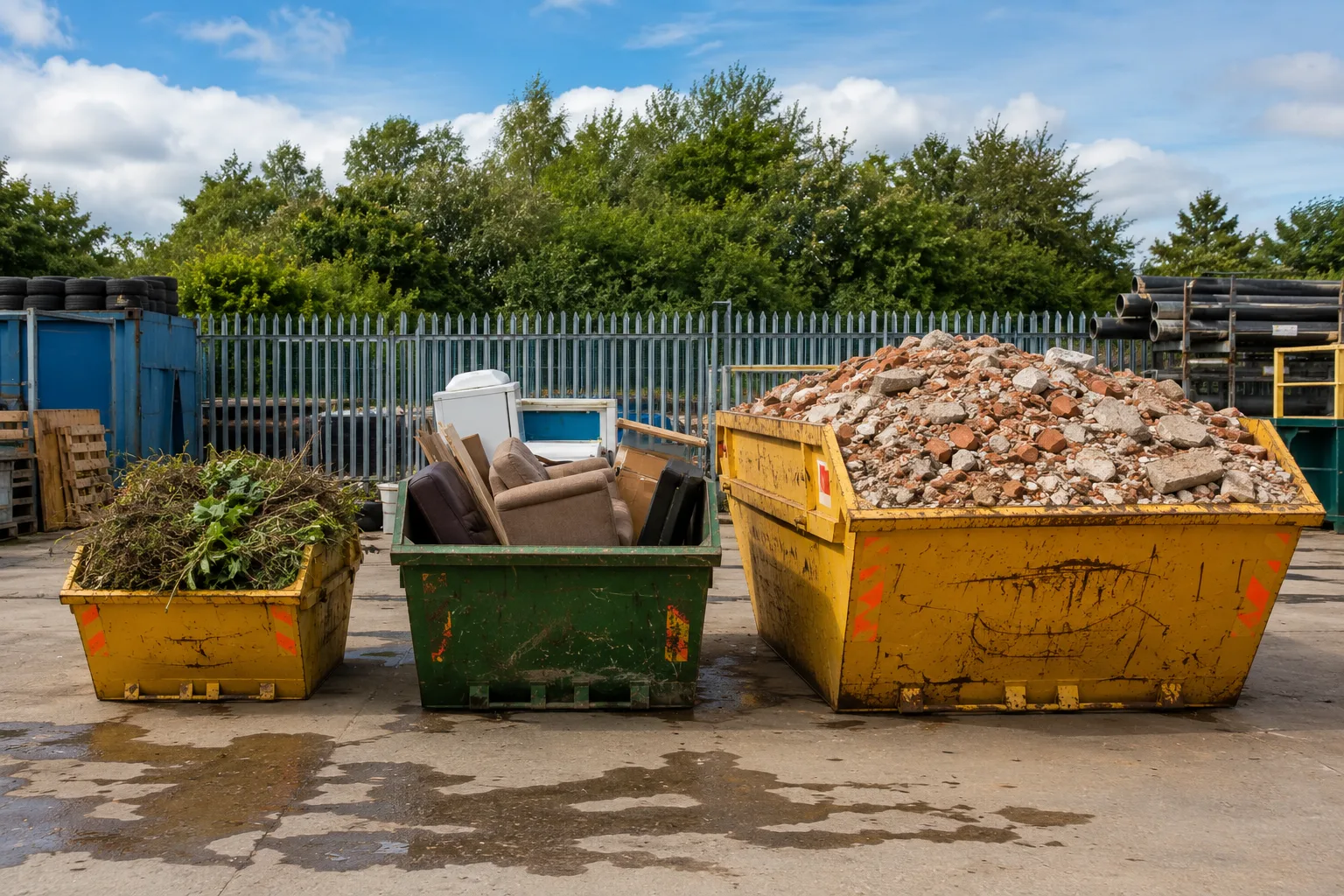 Different sized skips filled with various waste types displayed in a skip yard.