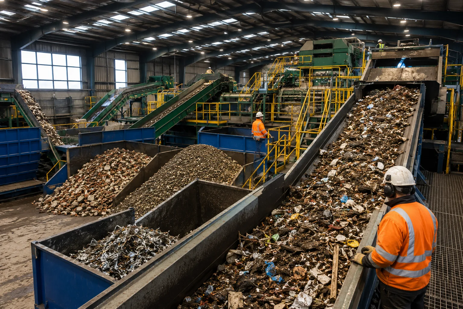 Waste recycling facility sorting skip waste into different material streams for processing.