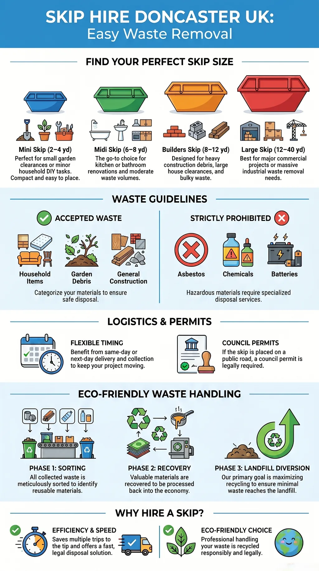 Infographic explaining skip hire in Doncaster UK, showing skip sizes, accepted and prohibited waste, permits, and eco-friendly waste handling process.