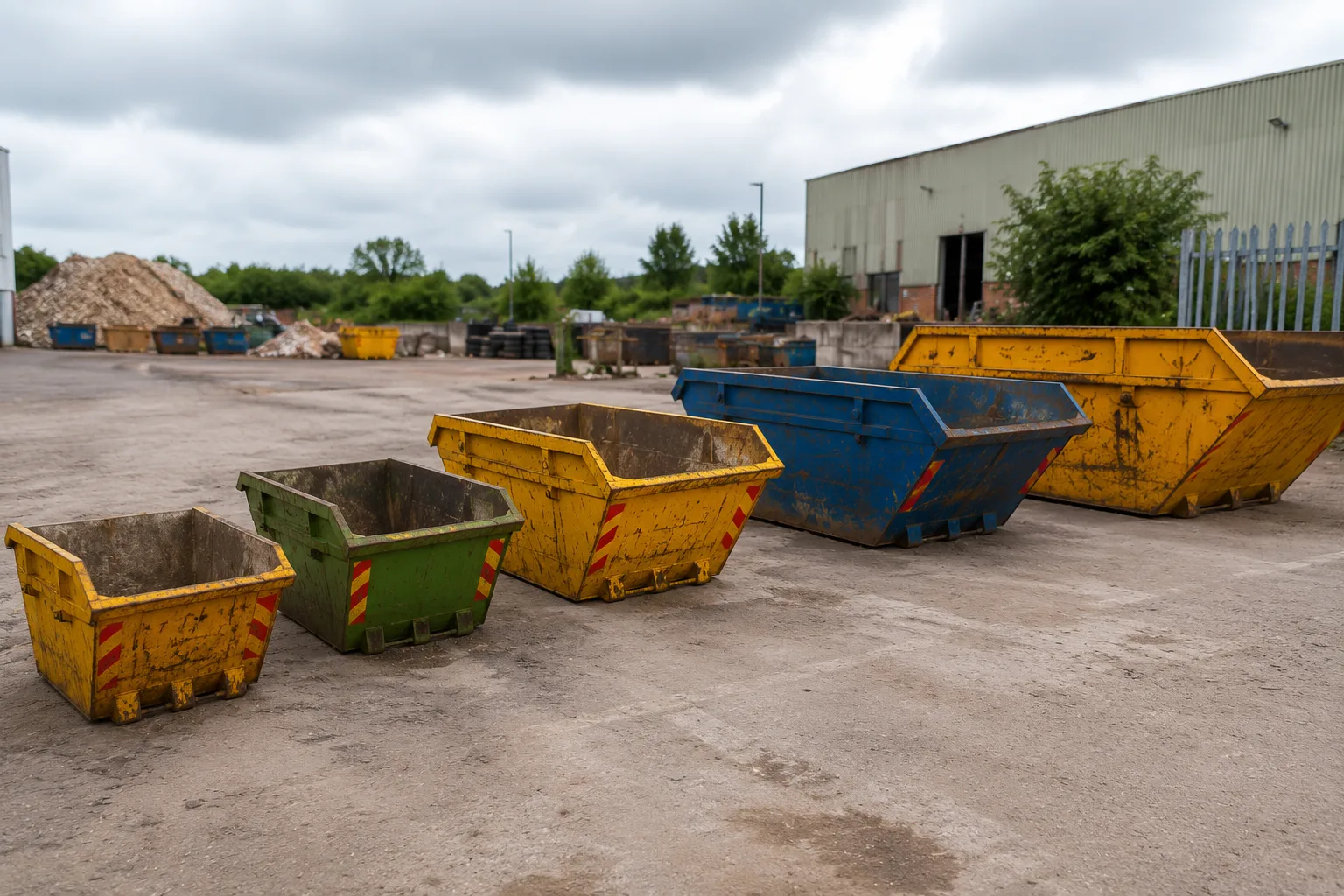 Different skip sizes displayed side by side for comparison at a waste management facility in the UK.
