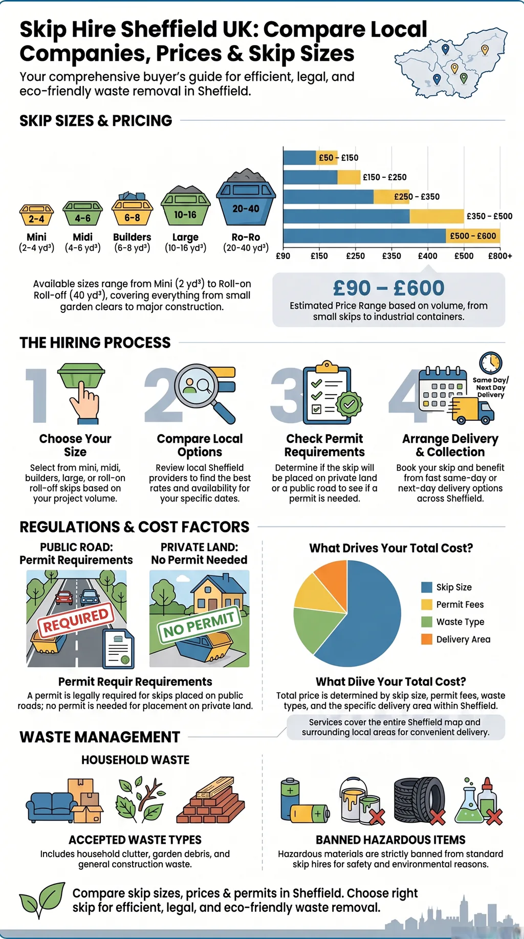 Infographic comparing skip sizes, prices, permits, and waste rules for skip hire services in Sheffield, UK.