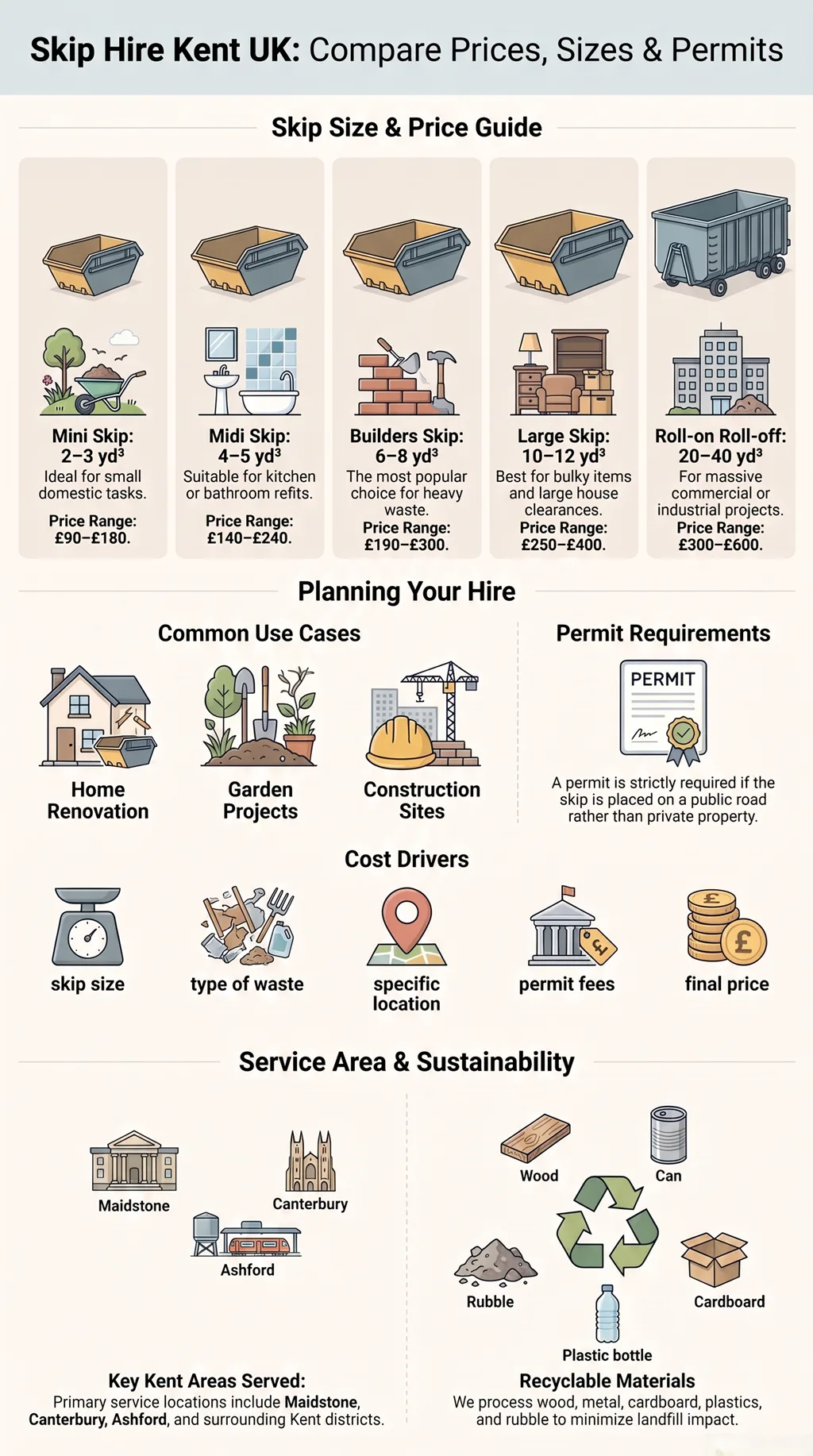 Infographic showing Kent skip hire sizes, prices, permits, use cases, cost factors, service areas, and recyclable materials.