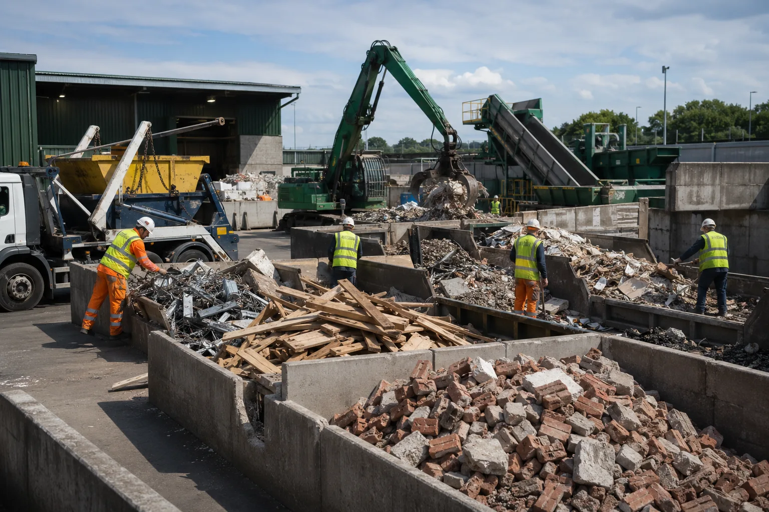 Construction waste being sorted at a licensed recycling facility after skip collection.