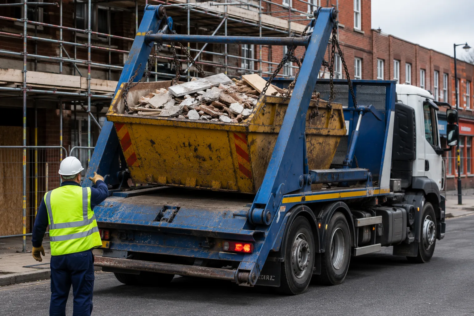 Skip lorry collecting a full skip filled with construction waste from a Leicester construction site.