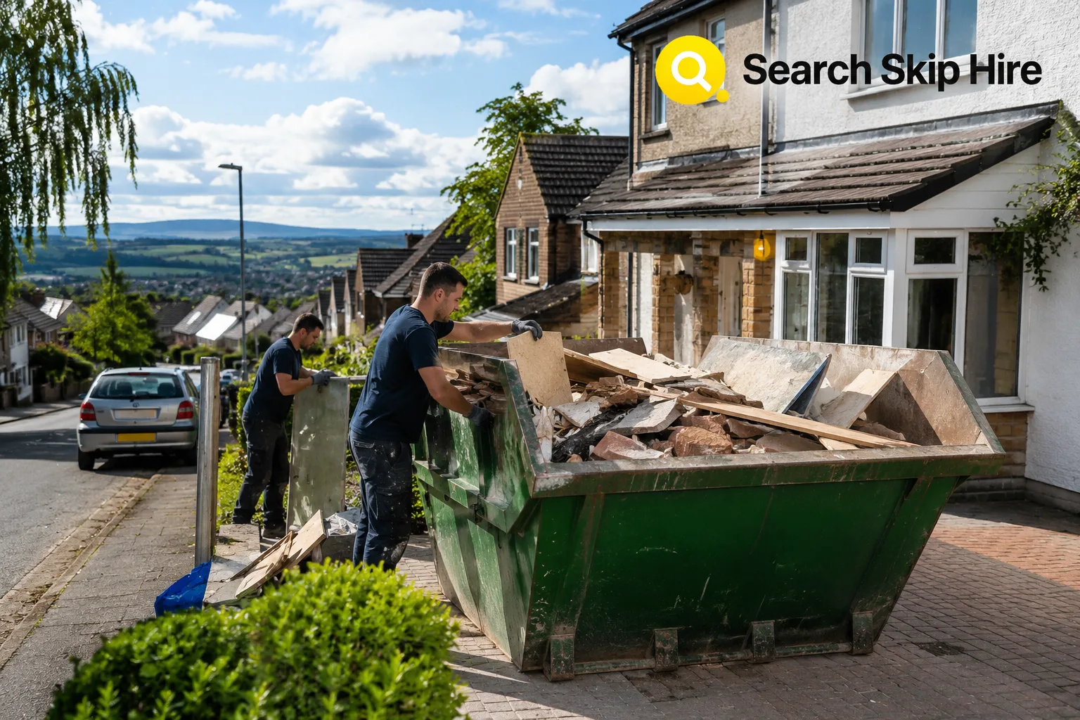 Skip bin placed on a driveway in Perth UK during a home renovation project with workers loading construction waste.