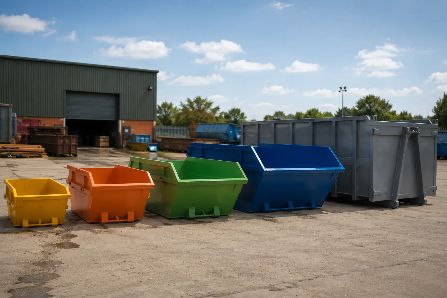 Different sizes of skip bins including mini, midi, builder, large, and RORO skips displayed in a UK yard.
