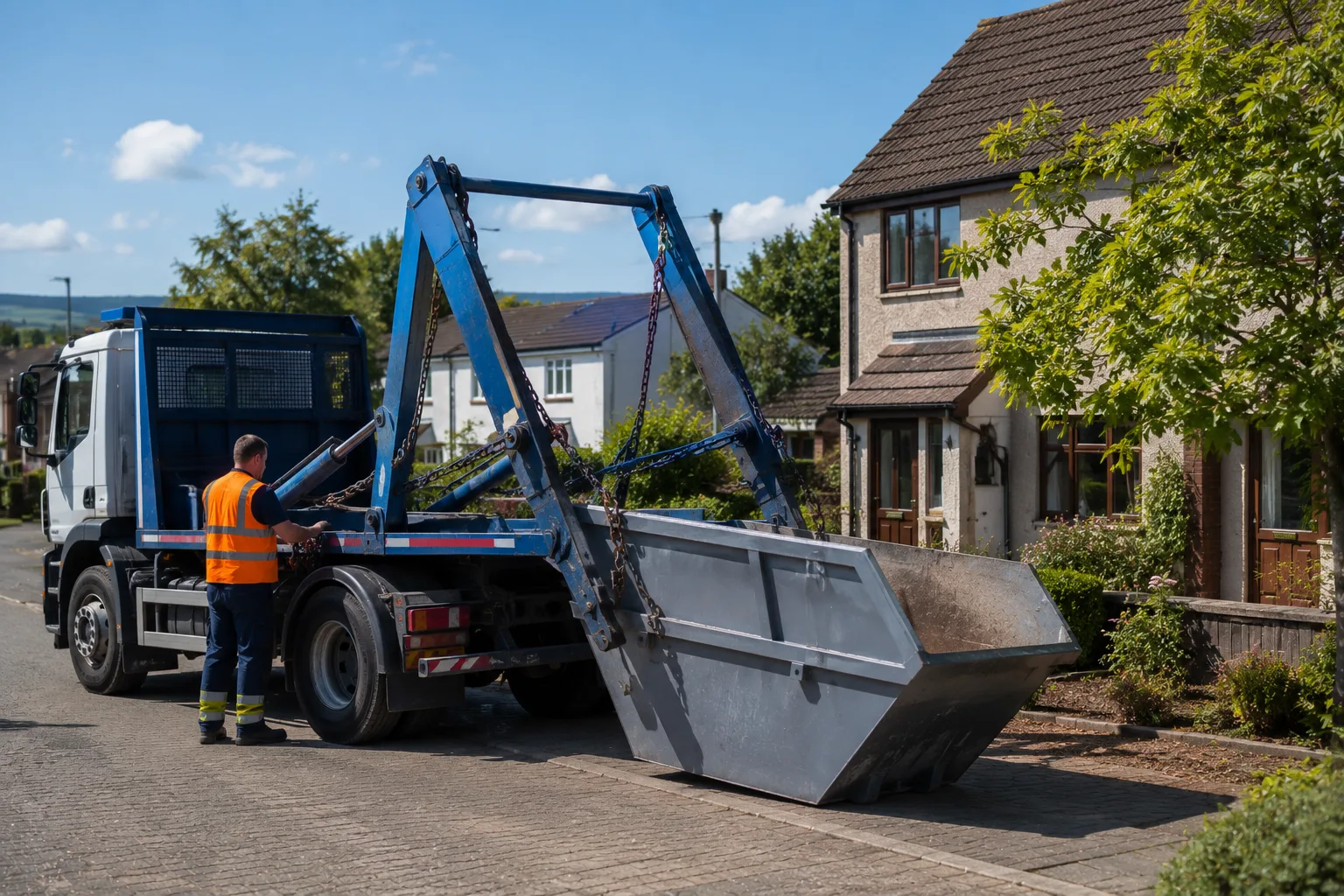 Skip delivery truck placing a skip bin on a residential driveway in Perth UK for waste collection.