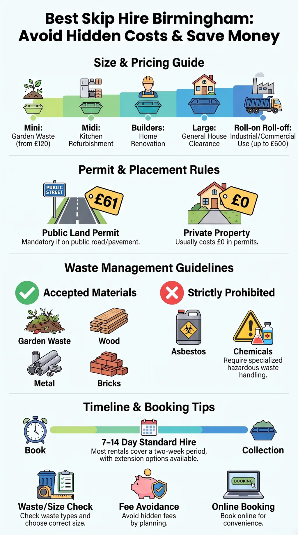 Skip hire Birmingham size guide, permit rules, accepted waste, booking tips, and pricing overview UK.