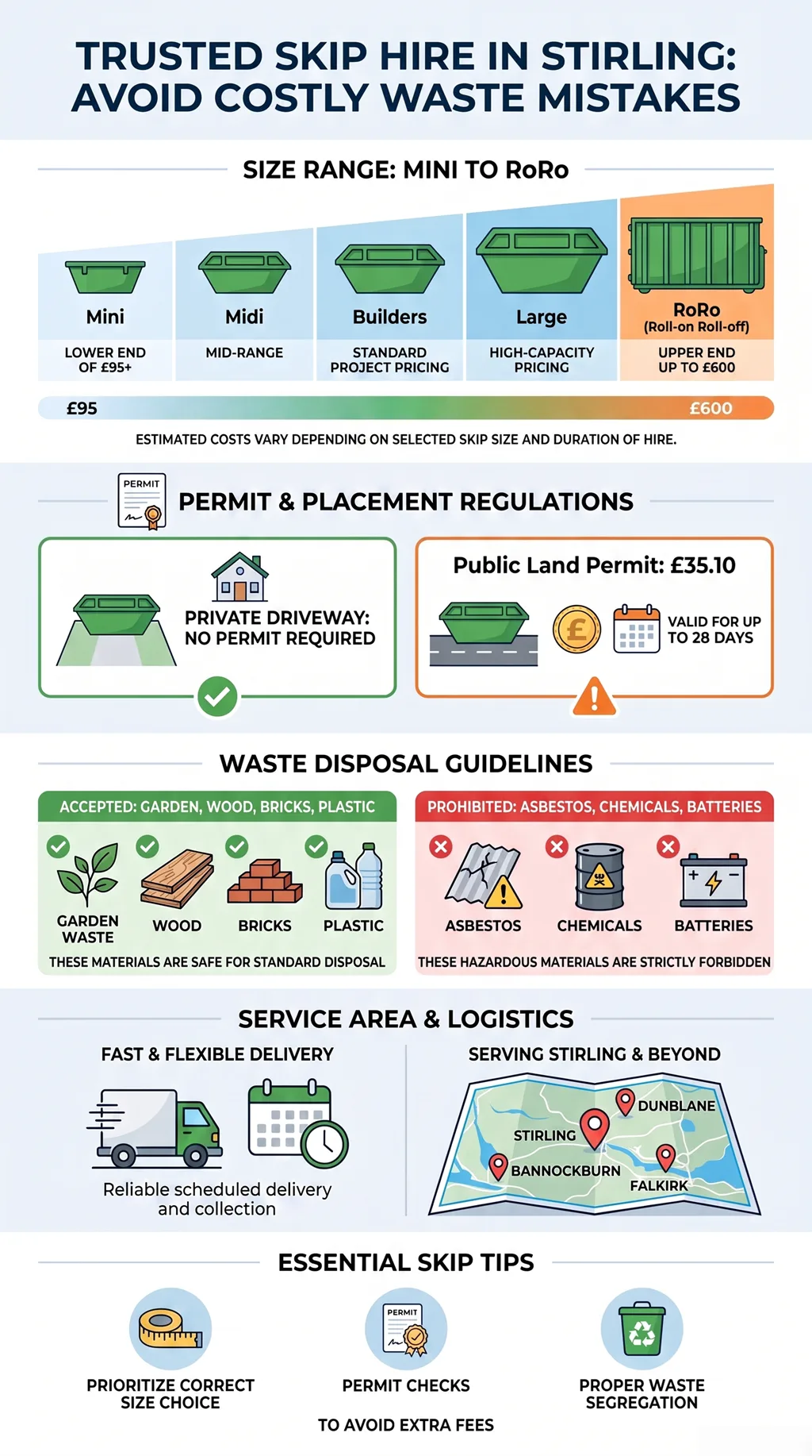 Skip hire in Stirling delivery service providing convenient waste container placement and collection.
