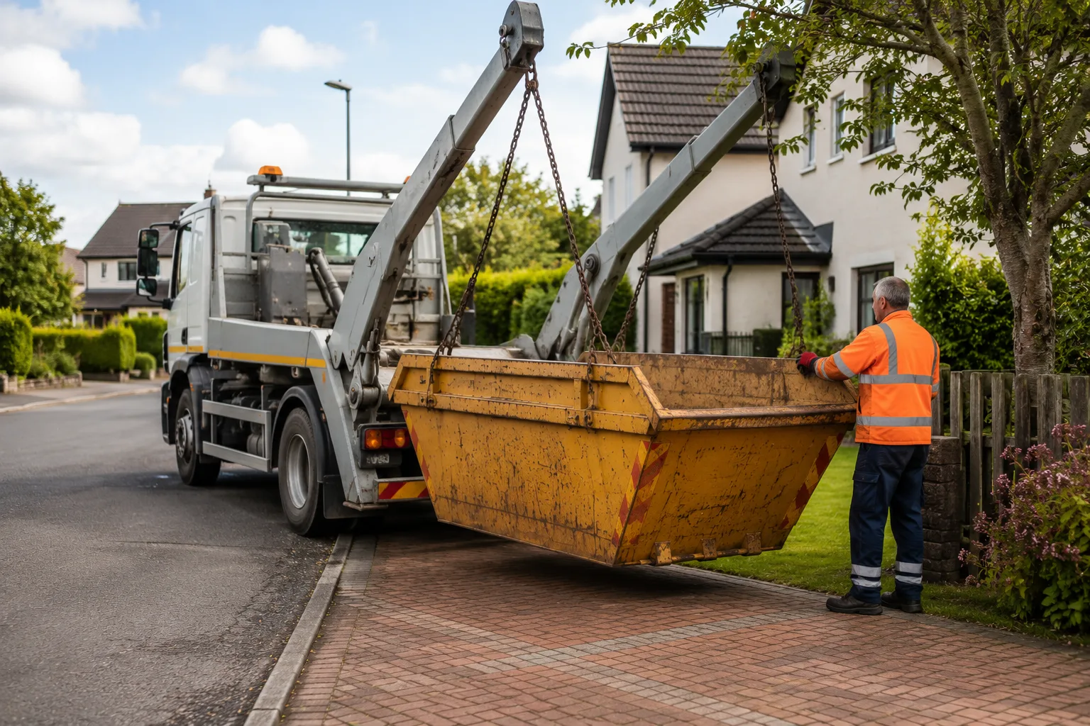 Skip hire Ayrshire delivery service showing a local provider placing a skip for a home project.