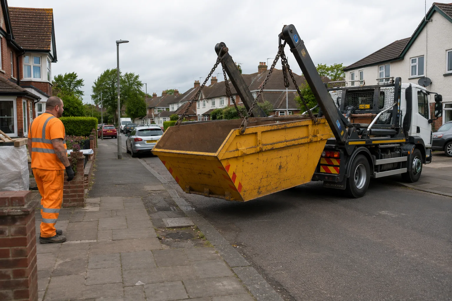 Skip hire Bedfordshire delivery service placing a skip safely near a residential project.