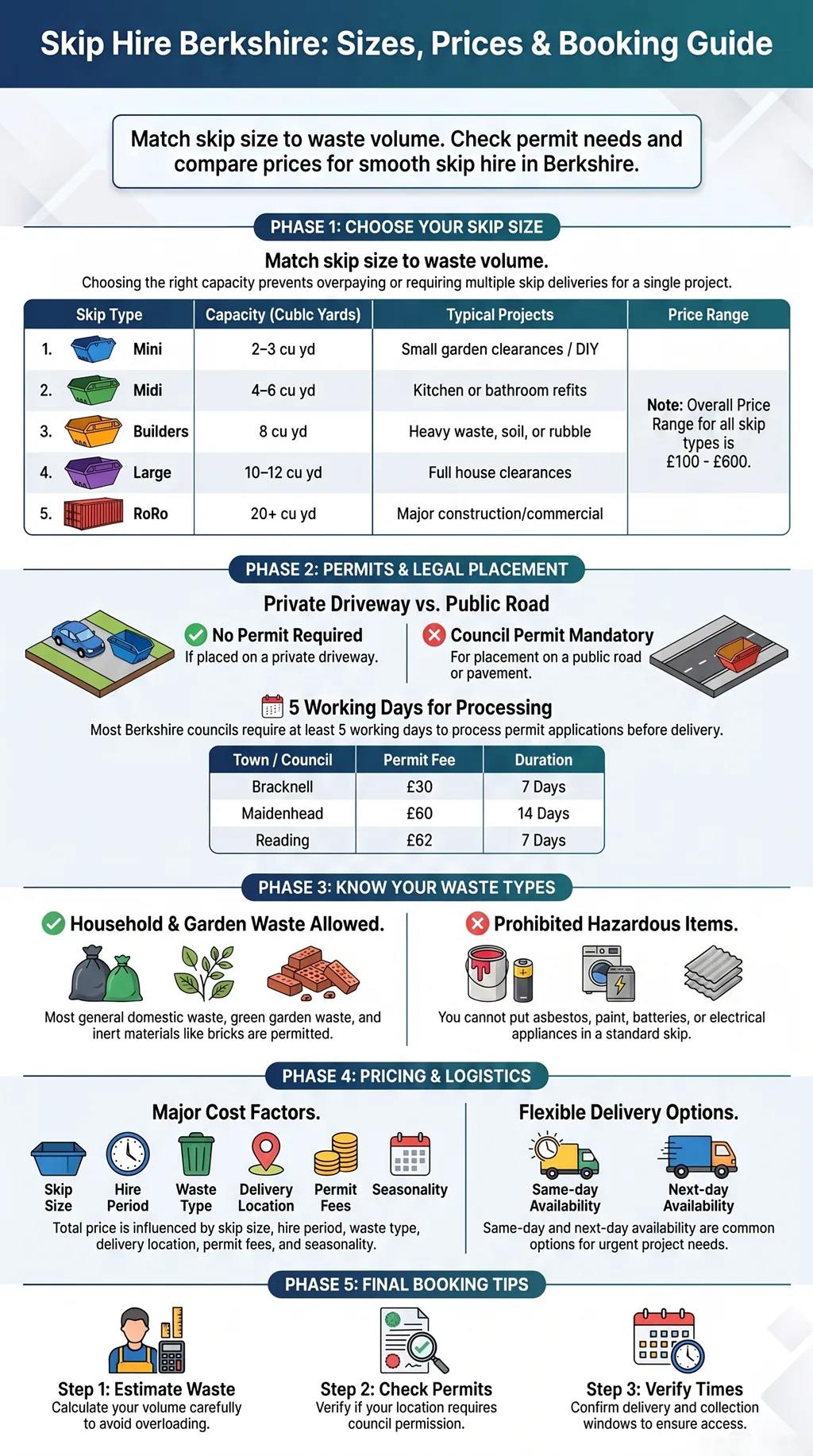 Skip hire Berkshire guide showing skip sizes, prices, permits, waste types, and booking tips.