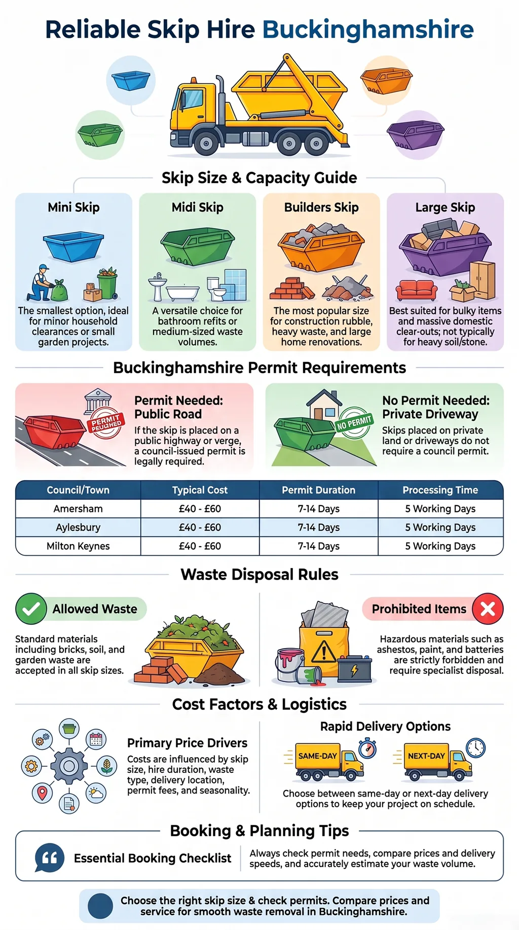 Skip hire Buckinghamshire guide showing skip sizes, permits, waste rules, costs, and booking tips.