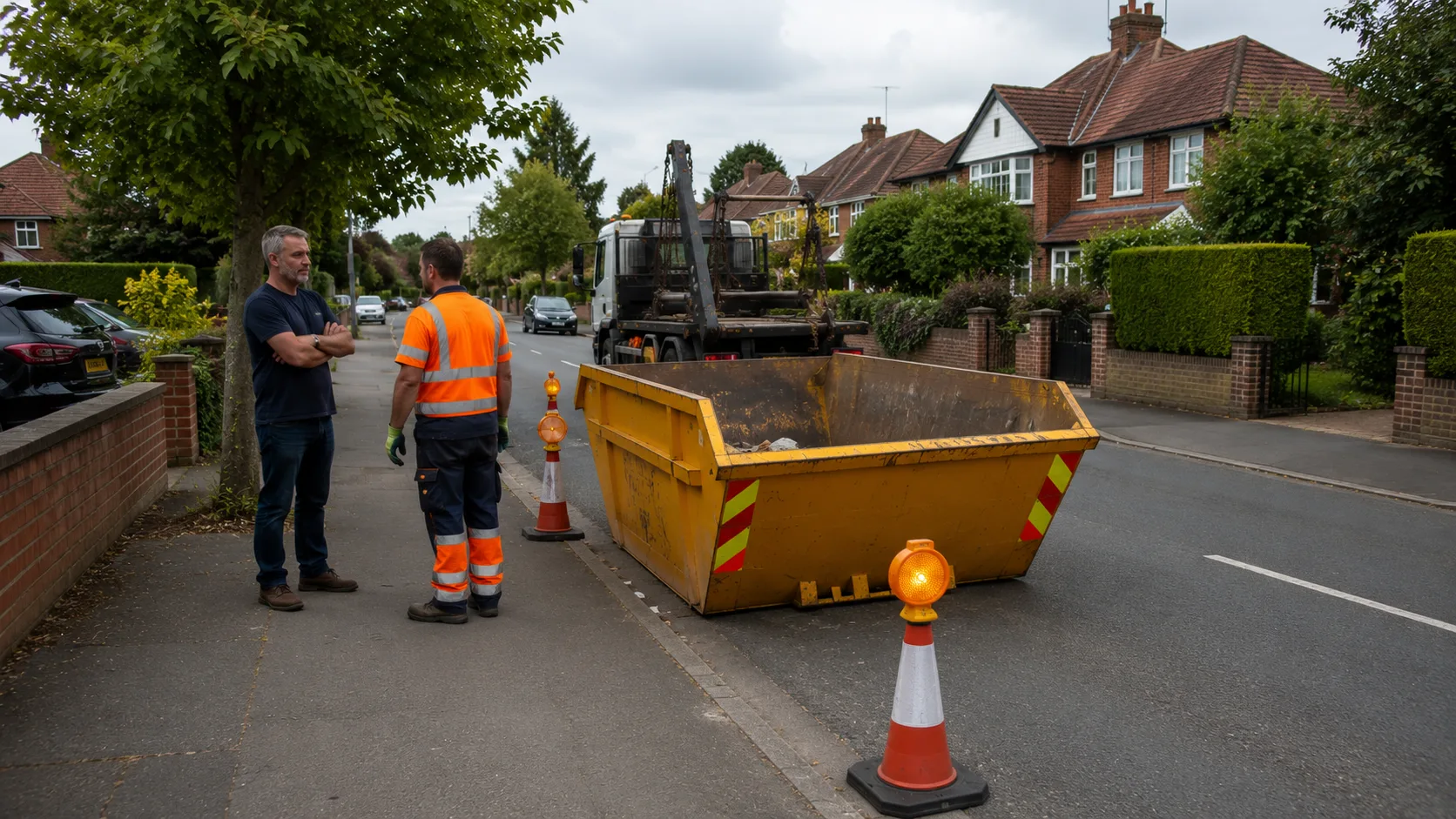 skip hire buckinghamshire with a skip safely placed beside a residential road under local permit rules.