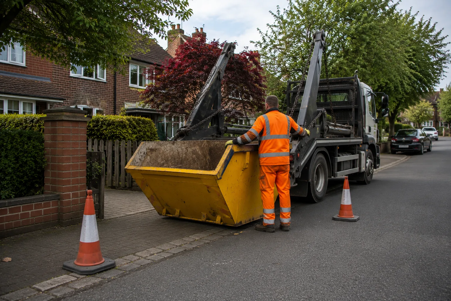 Skip hire Cheshire delivery showing safe skip placement and access planning near a local home.