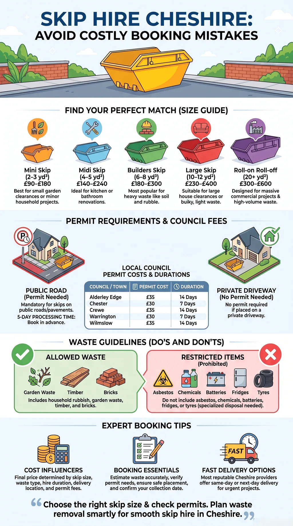 Skip hire Cheshire guide showing skip sizes, permits, allowed waste, booking tips for local projects today.