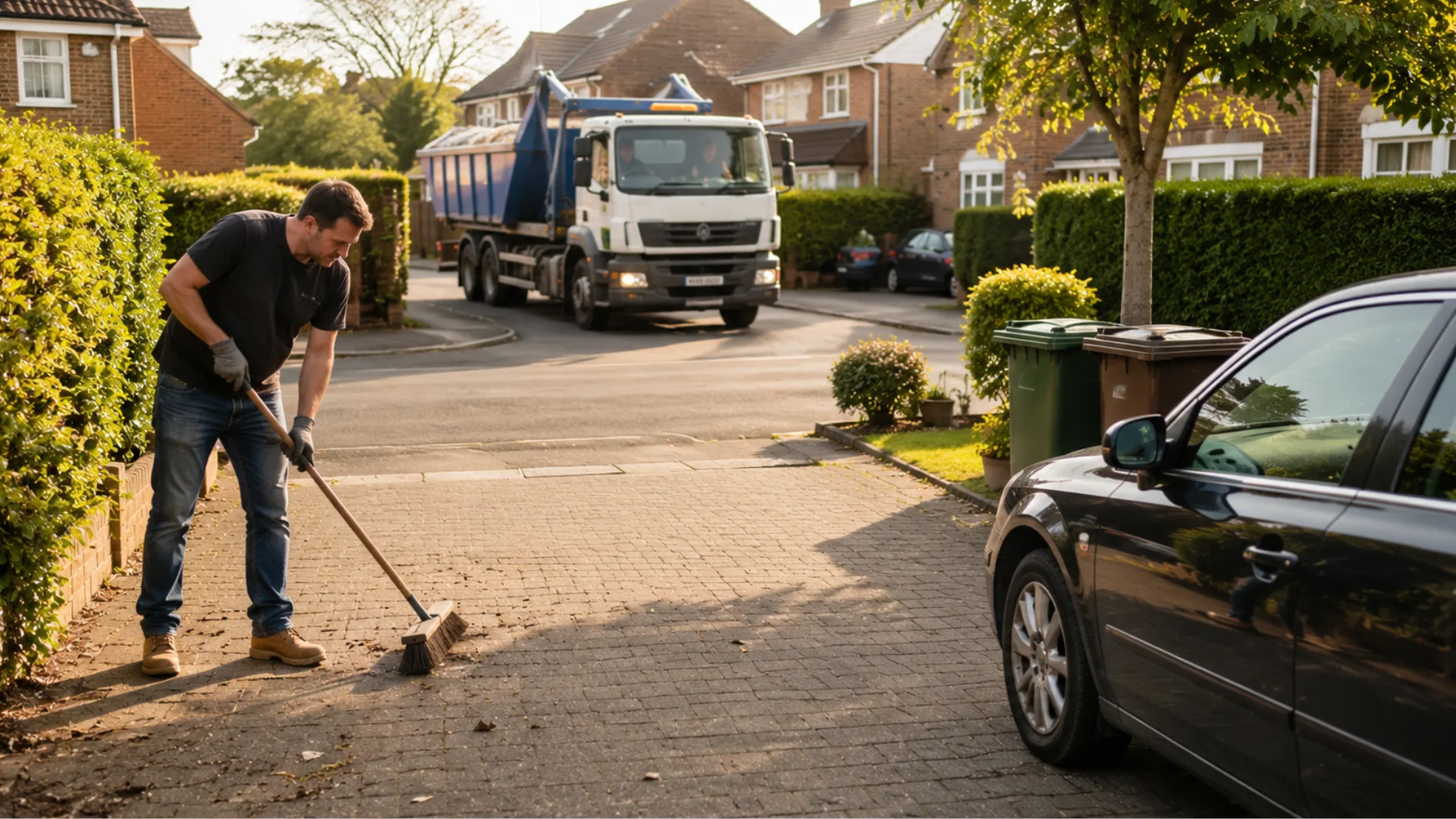 Homeowner clearing and sweeping a driveway as a skip delivery truck approaches a tidy residential property.