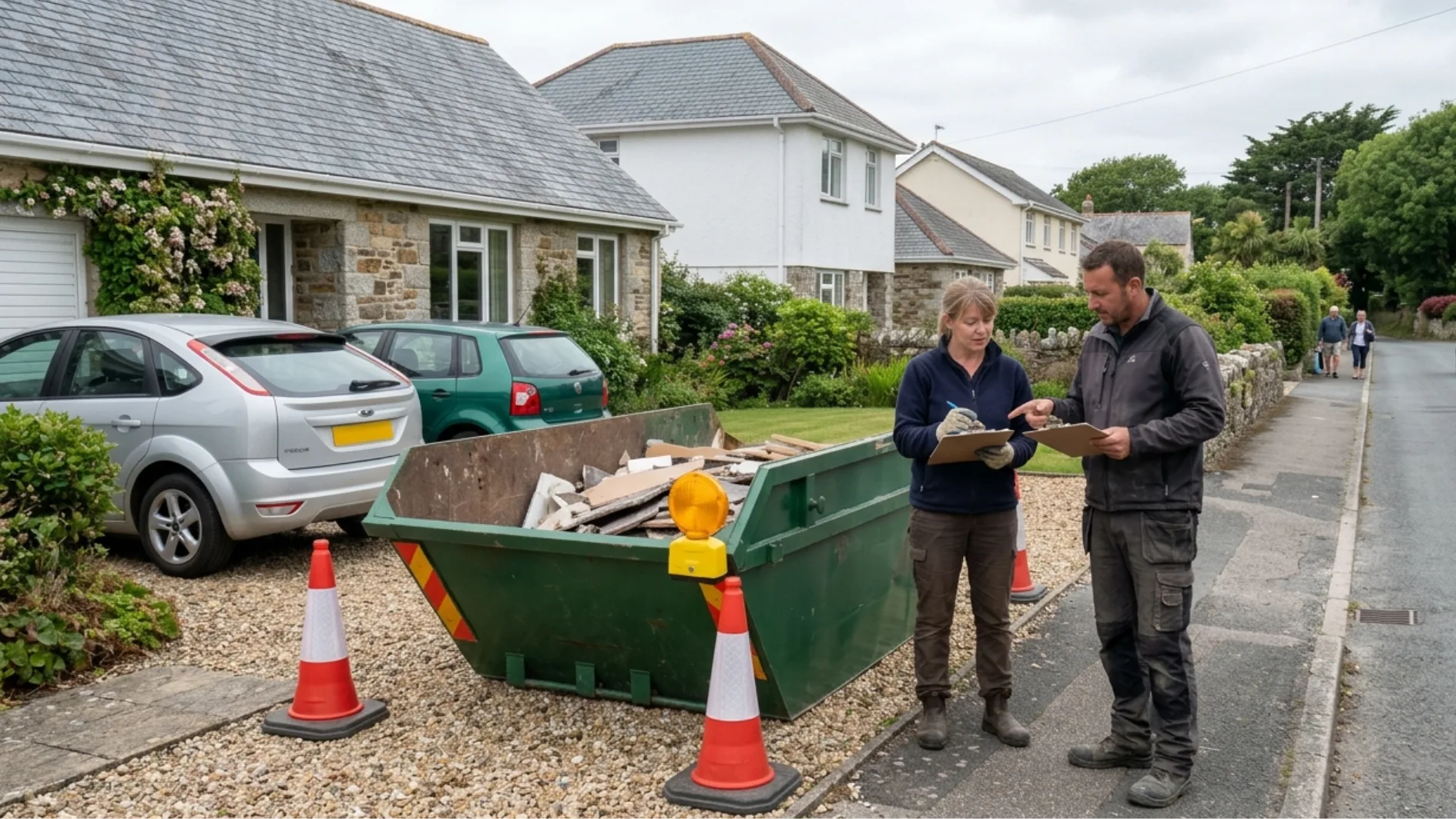 Builders skip with traffic cones and a safety light placed beside a residential street in Cornwall as a homeowner and skip delivery driver review permit paperwork.