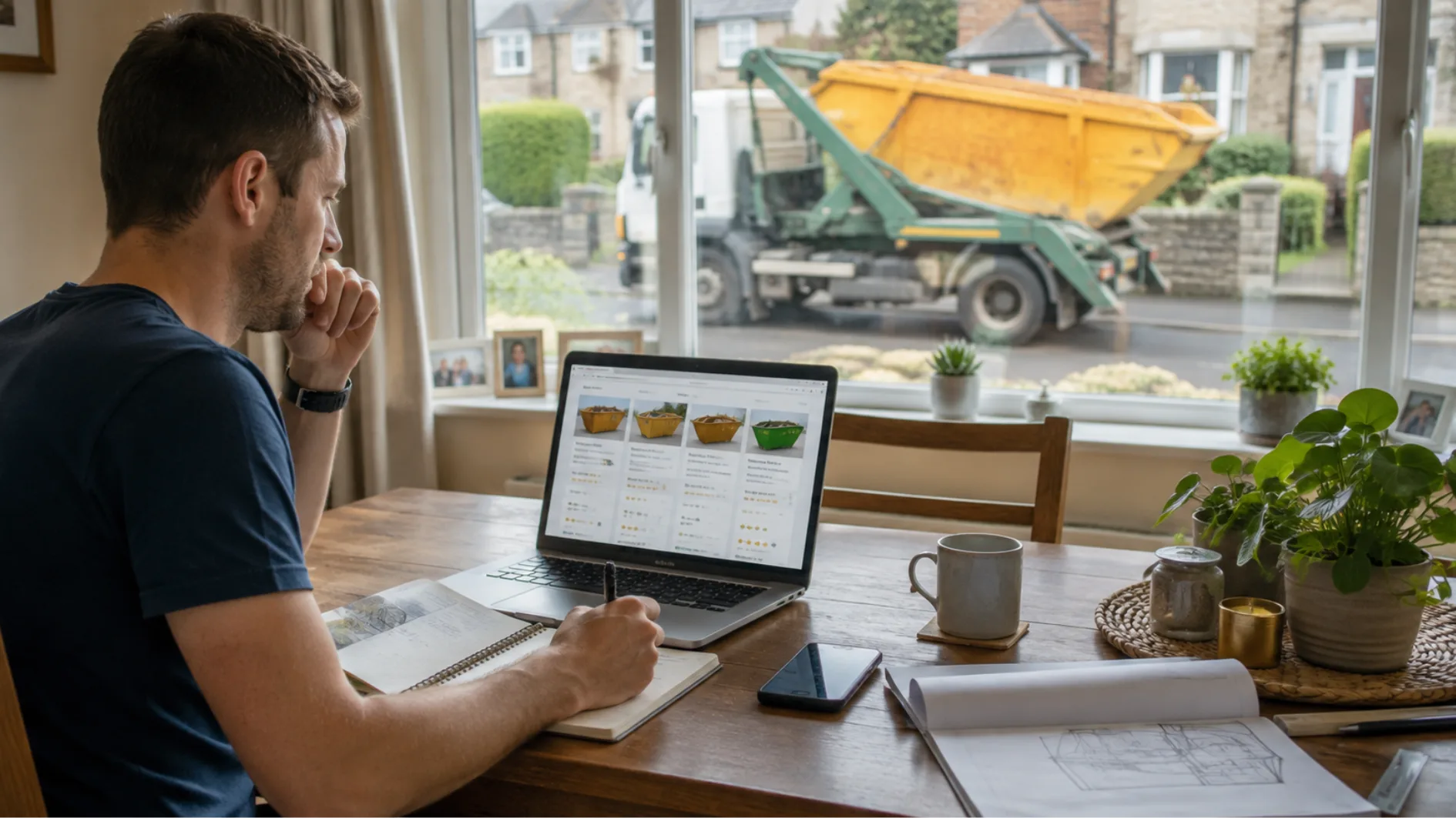 Homeowner comparing local skip hire companies on a laptop while taking notes as a skip delivery truck arrives outside the house.