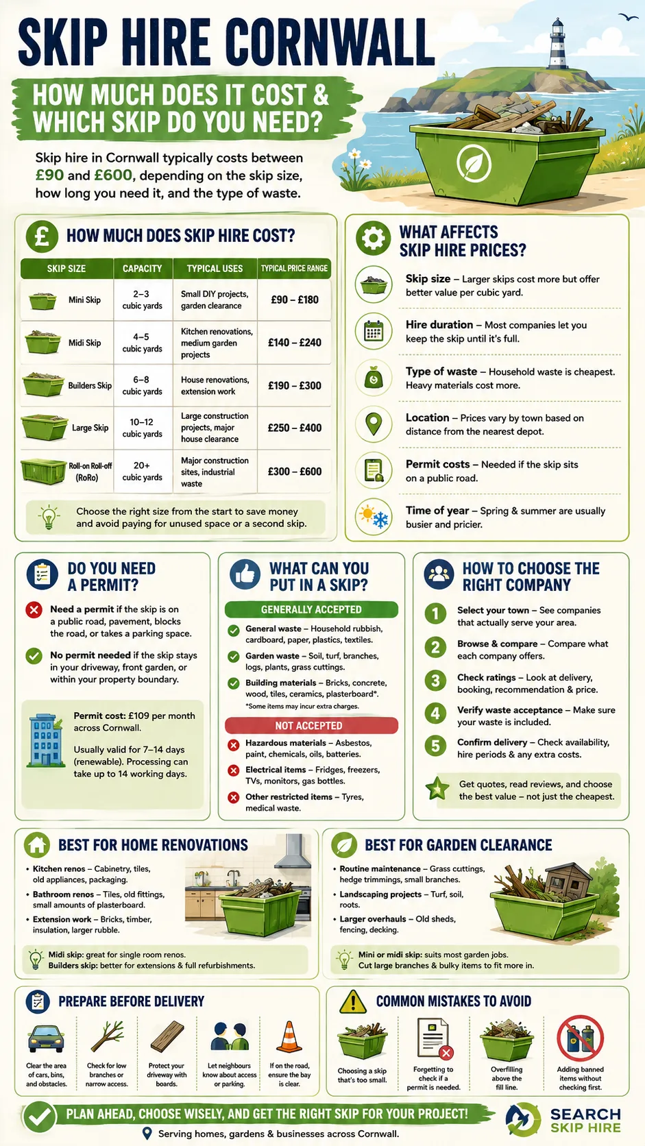 Infographic showing skip hire costs in Cornwall, skip sizes, pricing factors, permit rules, accepted waste types, and tips for choosing the right skip for home renovation and garden clearance projects.