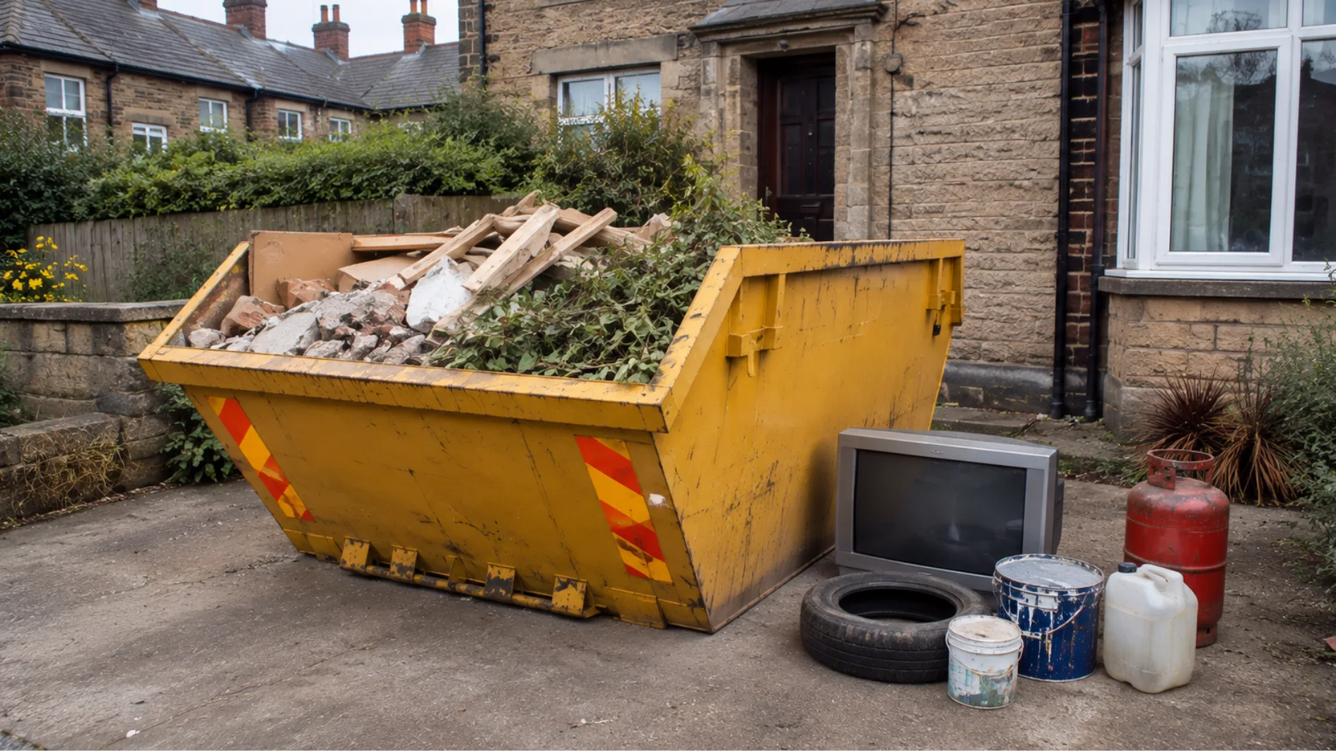 Builders skip with general waste, alongside items that require specialist disposal.